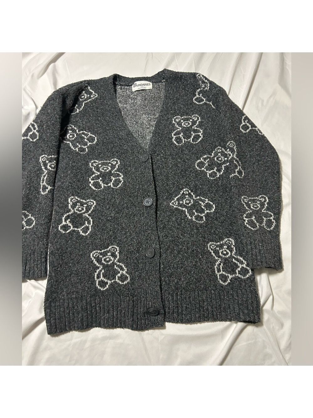 Vintage No Boundaries Teddy Bear Conversational Cardigan Sweater  S  (4-6)Gray